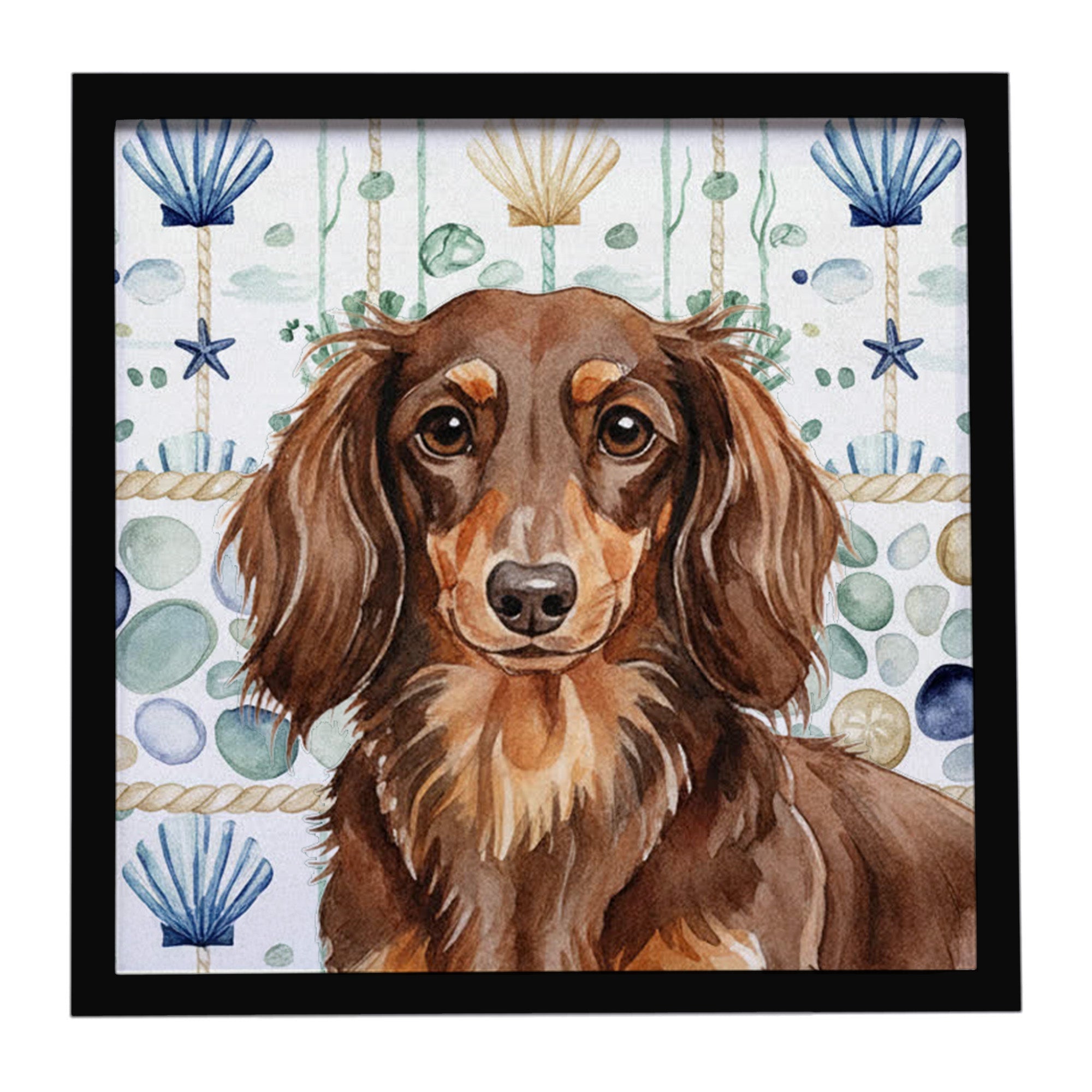 Longhaired Chocolate and Tan Dachshund Coastal Sea Glass Framed Metal Print Bathroom, Kitchen, Office, Home Decor Wall Art Ready to Hang, Square, 8X8
