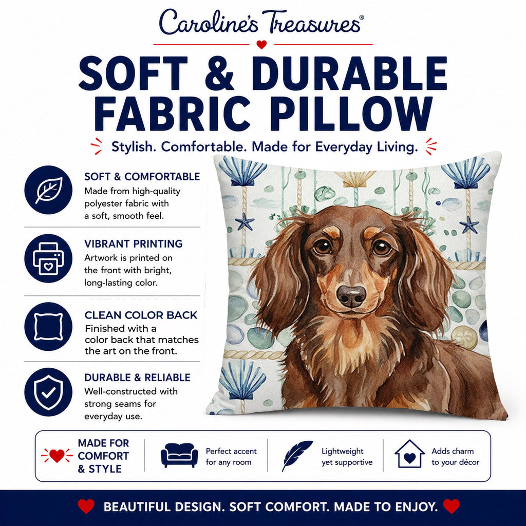 Longhaired Chocolate and Tan Dachshund Coastal Sea Glass Decorative Throw Pillow 18x18 Indoor Outdoor Accent Cushion, Fabric Cover with Insert for Sofa, Bed, Porch & Living Room