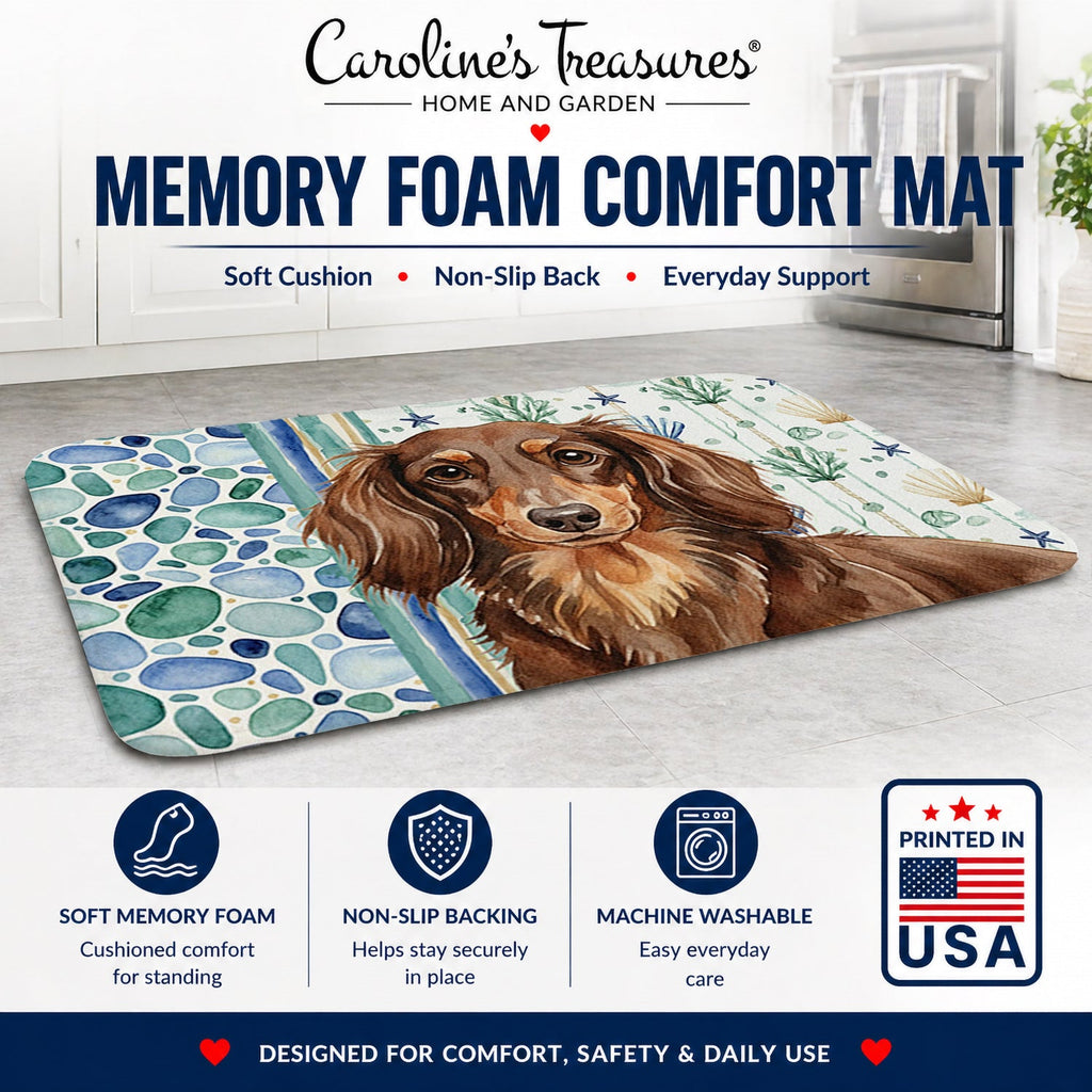 Longhaired Chocolate and Tan Dachshund Coastal Sea Glass Memory Foam Kitchen Mat Machine Washable Anti-Fatigue Cushion Comfort Bath or Kitchen Rug