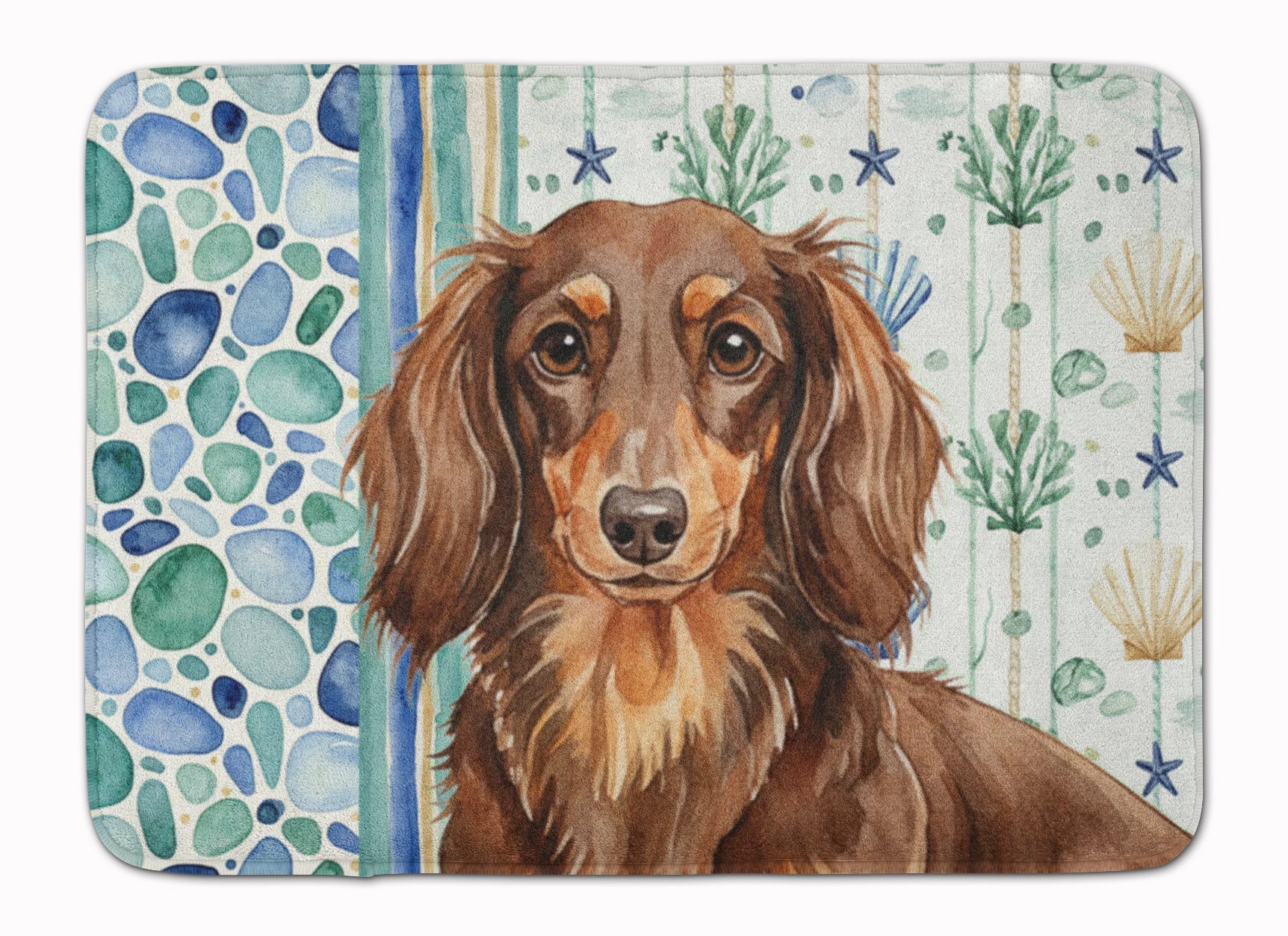Longhaired Chocolate and Tan Dachshund Coastal Sea Glass Memory Foam Kitchen Mat Machine Washable Anti-Fatigue Cushion Comfort Bath or Kitchen Rug