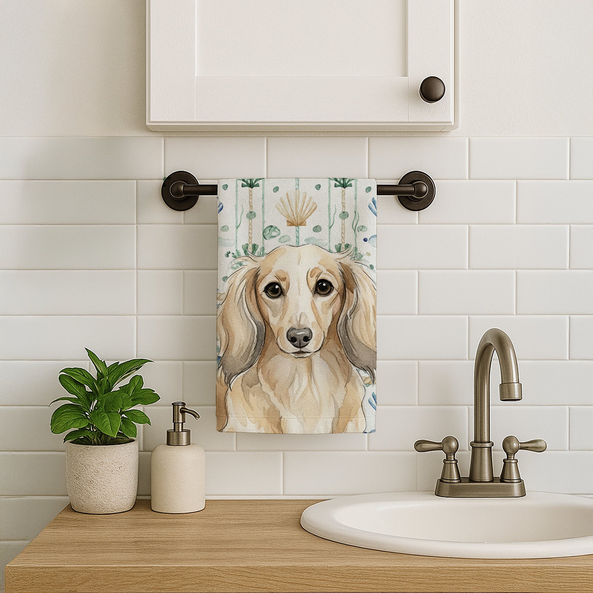 Longhaired Cream Dachshund Coastal Sea Glass Kitchen Towel Velour Plush Front and Cotton Loop Back Machine Washable
