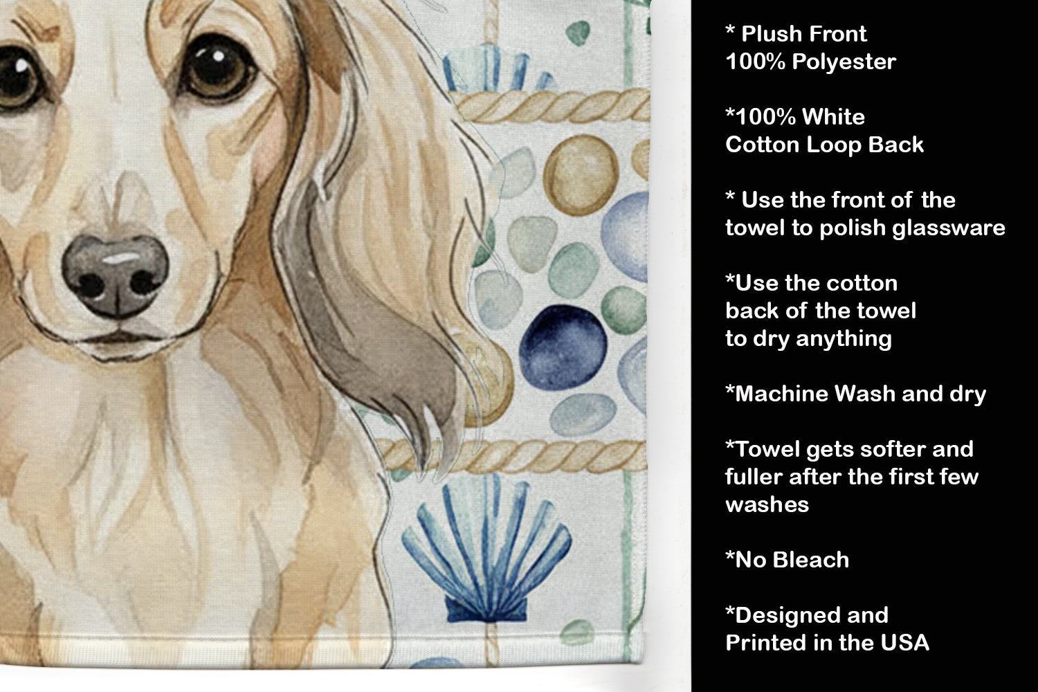 Longhaired Cream Dachshund Coastal Sea Glass Kitchen Towel Velour Plush Front and Cotton Loop Back Machine Washable