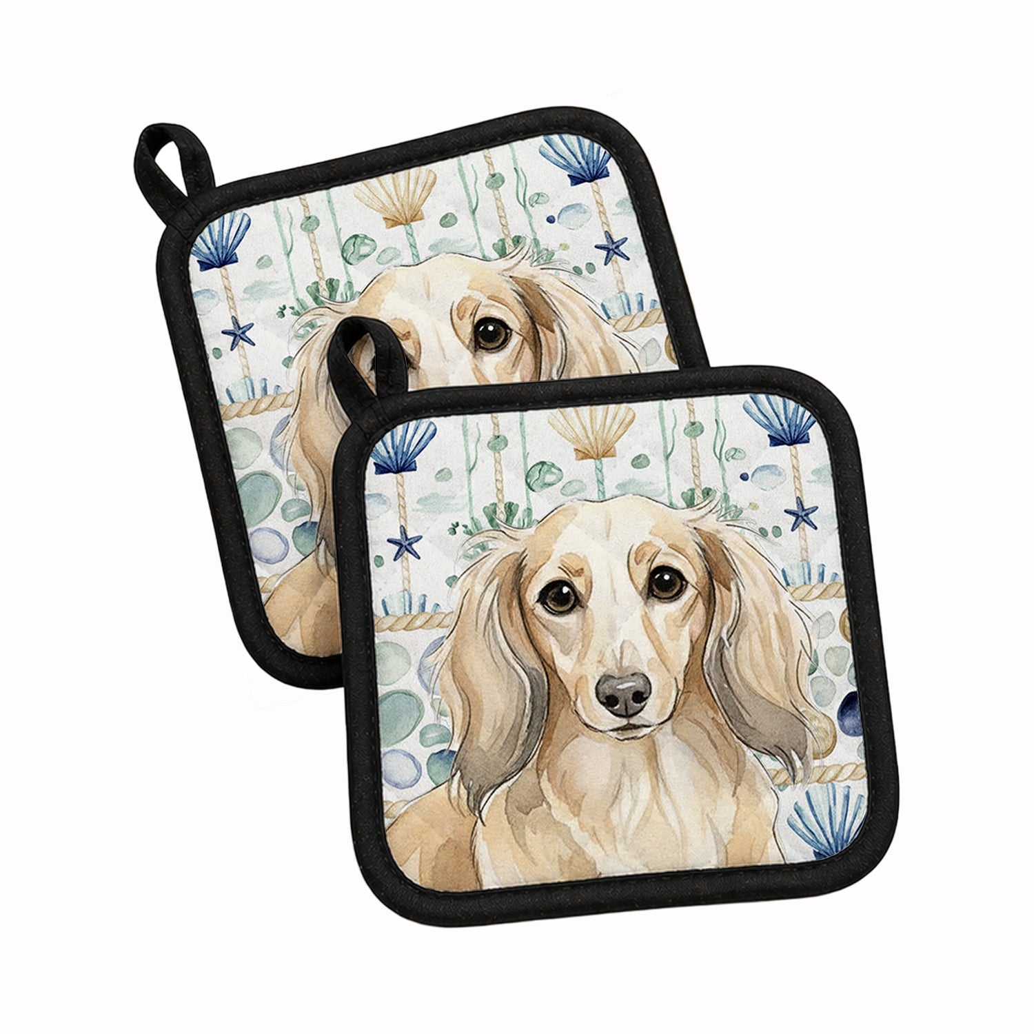 Longhaired Cream Dachshund Coastal Sea Glass Pot Holder Set of 2 Heat Resistant Quilted Hot Pads 7.5 x 7.5 Inch, Insulated Kitchen Trivets for Cooking & Baking