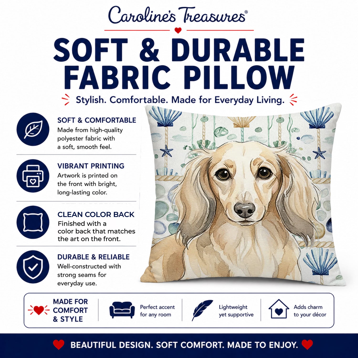 Longhaired Cream Dachshund Coastal Sea Glass Decorative Throw Pillow 18x18 Indoor Outdoor Accent Cushion, Fabric Cover with Insert for Sofa, Bed, Porch & Living Room