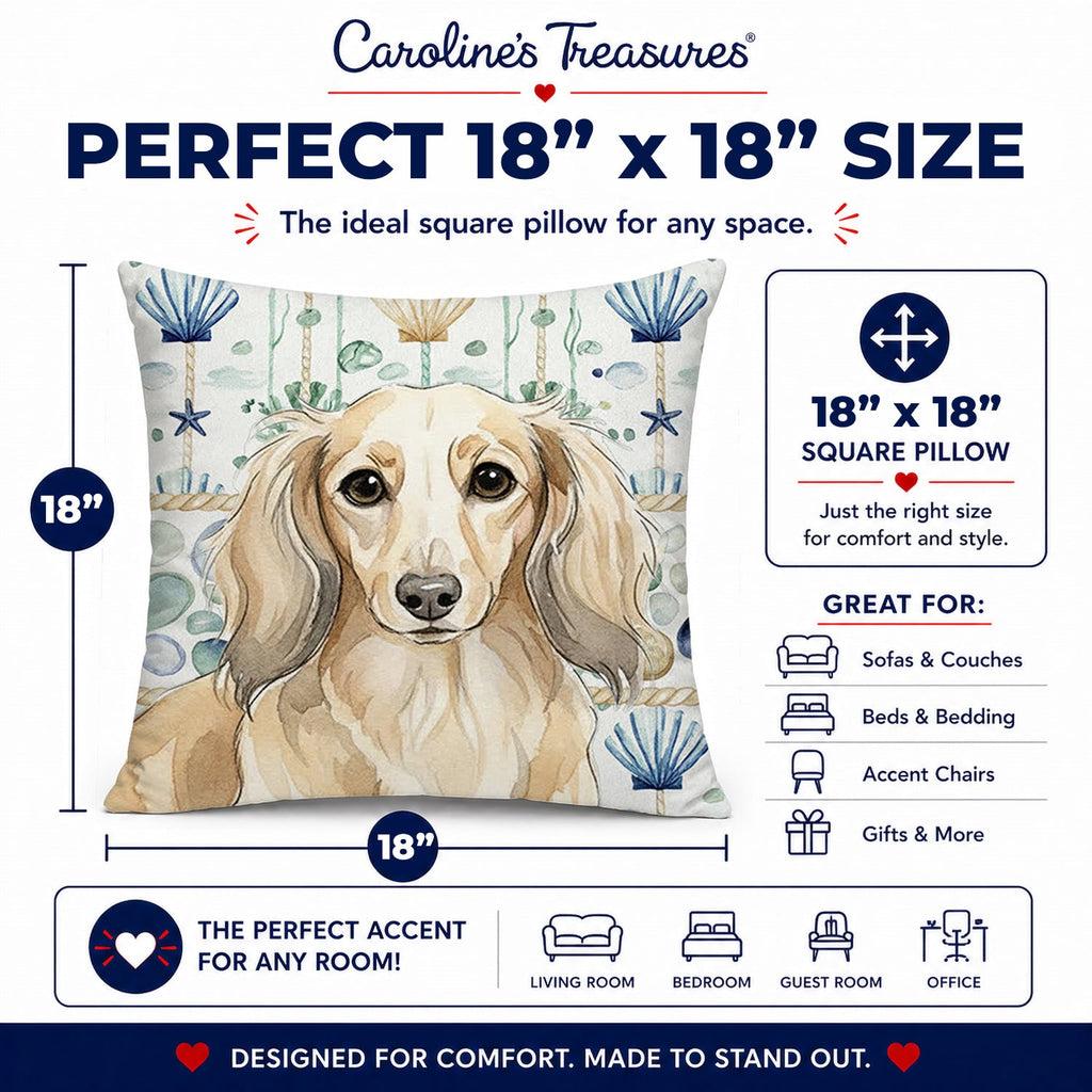 Longhaired Cream Dachshund Coastal Sea Glass Decorative Throw Pillow 18x18 Indoor Outdoor Accent Cushion, Fabric Cover with Insert for Sofa, Bed, Porch & Living Room