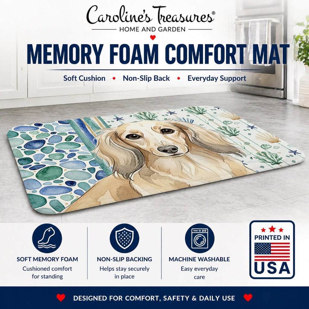 Longhaired Cream Dachshund Coastal Sea Glass Memory Foam Kitchen Mat Machine Washable Anti-Fatigue Cushion Comfort Bath or Kitchen Rug