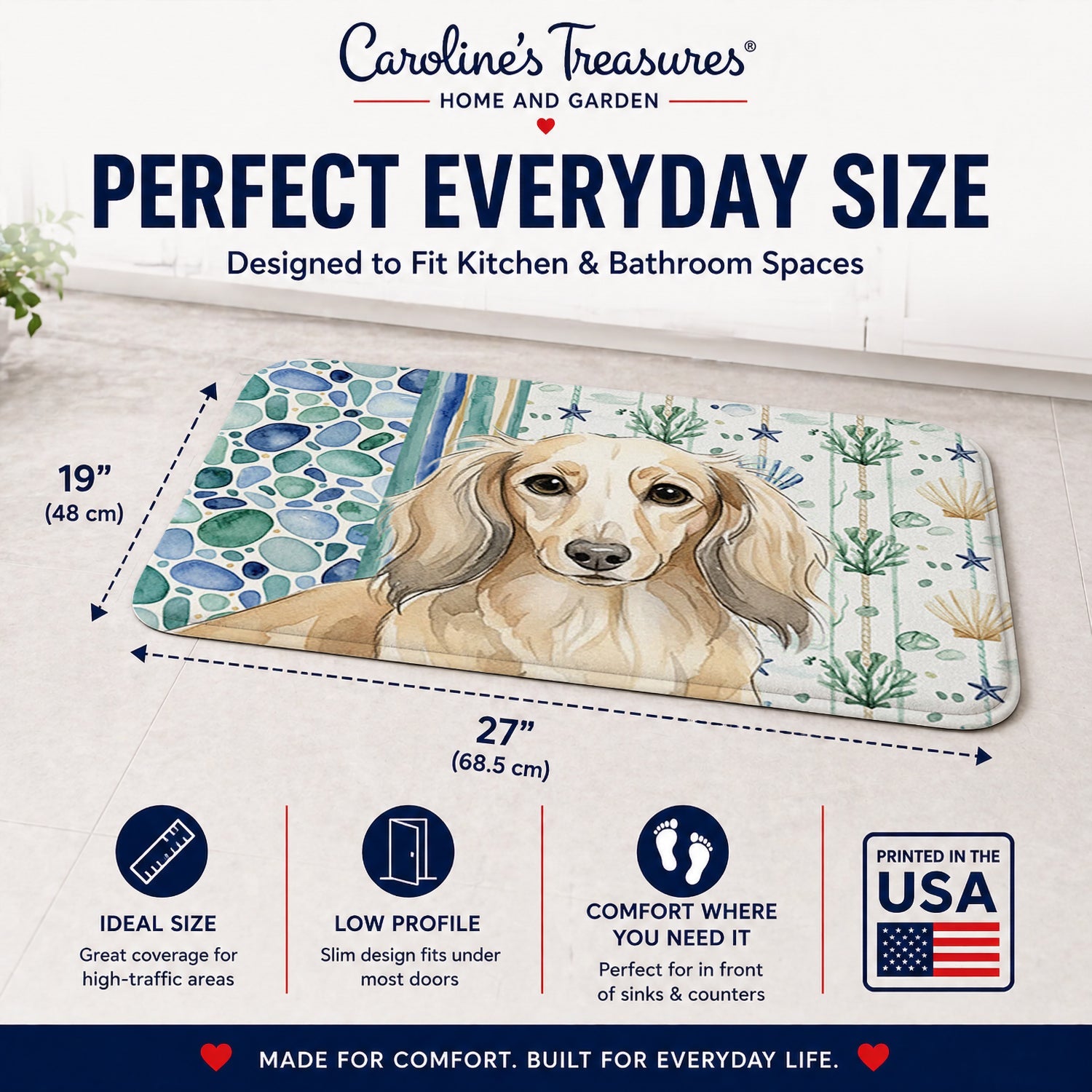 Longhaired Cream Dachshund Coastal Sea Glass Memory Foam Kitchen Mat Machine Washable Anti-Fatigue Cushion Comfort Bath or Kitchen Rug