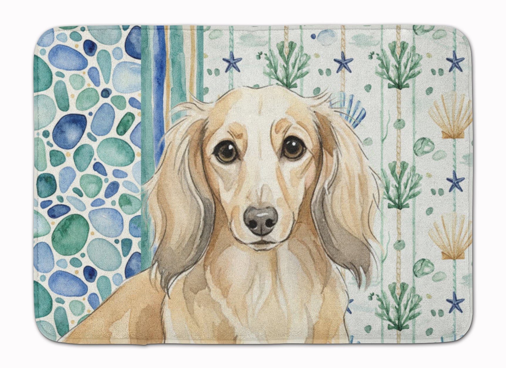 Longhaired Cream Dachshund Coastal Sea Glass Memory Foam Kitchen Mat Machine Washable Anti-Fatigue Cushion Comfort Bath or Kitchen Rug