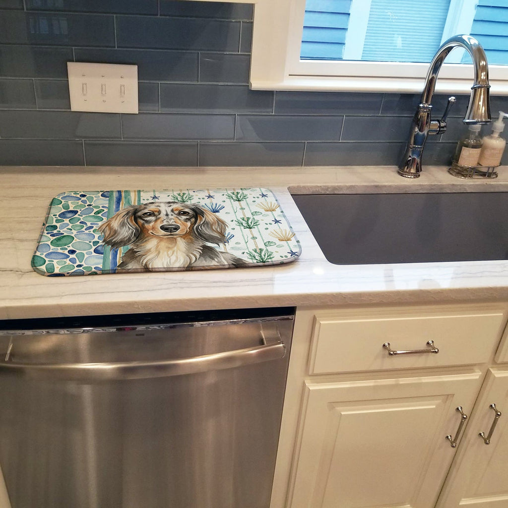 Longhaired Dapple Dachshund Coastal Sea Glass Dish Drying Mat Absorbent Dish Drying Mat Pad for Kitchen Counter Dish Drainer Mat for Countertop, 14 x 21", Multicolor