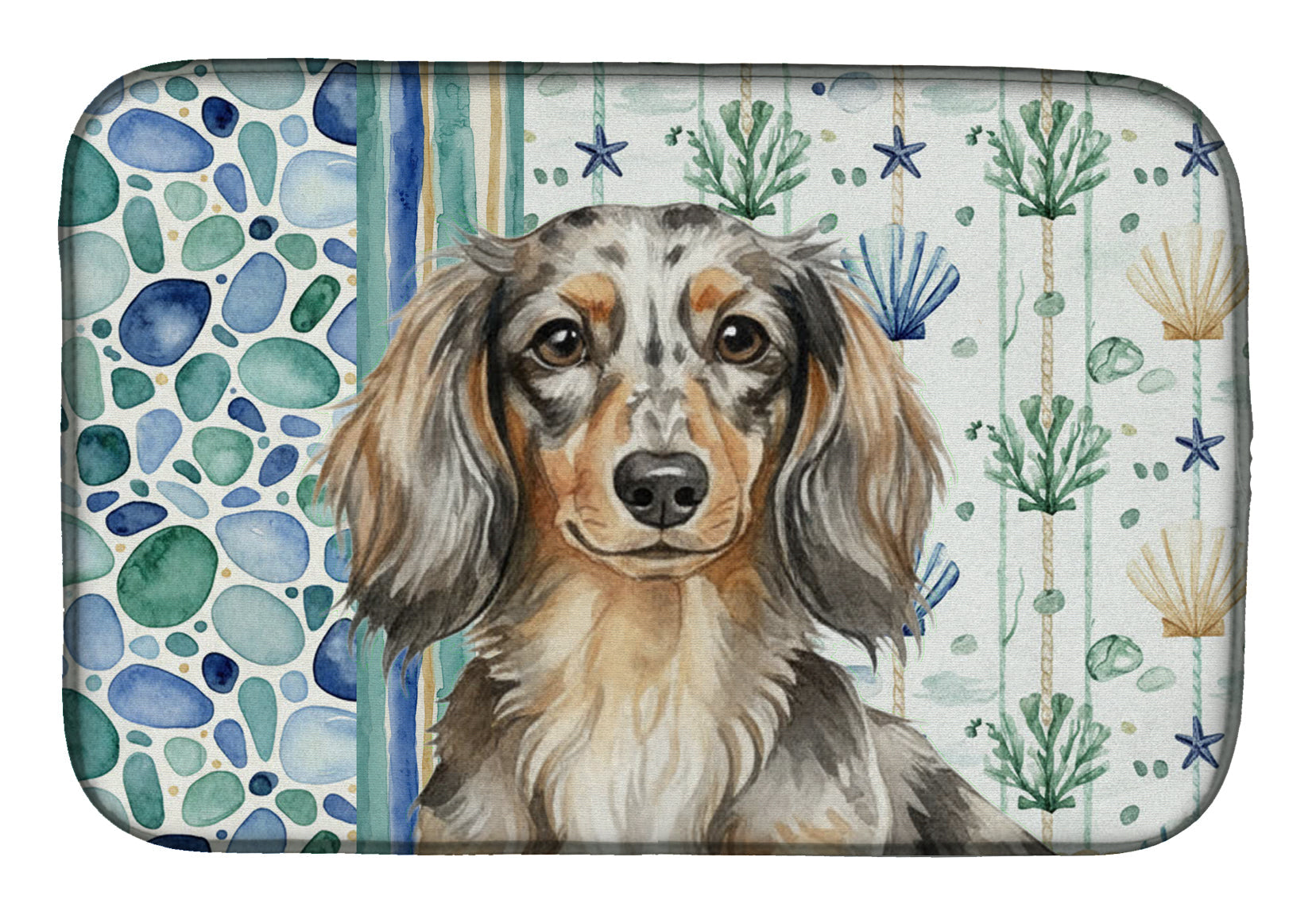 Longhaired Dapple Dachshund Coastal Sea Glass Dish Drying Mat Absorbent Dish Drying Mat Pad for Kitchen Counter Dish Drainer Mat for Countertop, 14 x 21", Multicolor