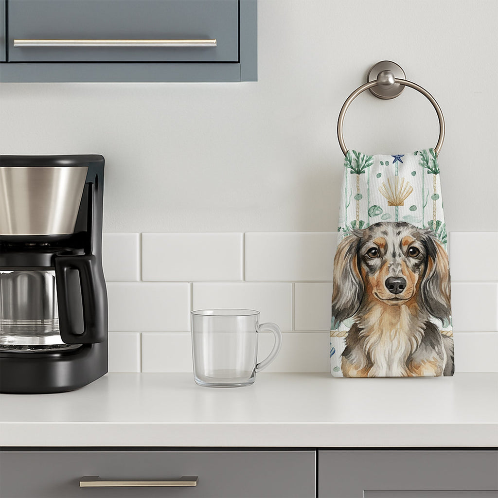 Longhaired Dapple Dachshund Coastal Sea Glass Kitchen Towel Velour Plush Front and Cotton Loop Back Machine Washable