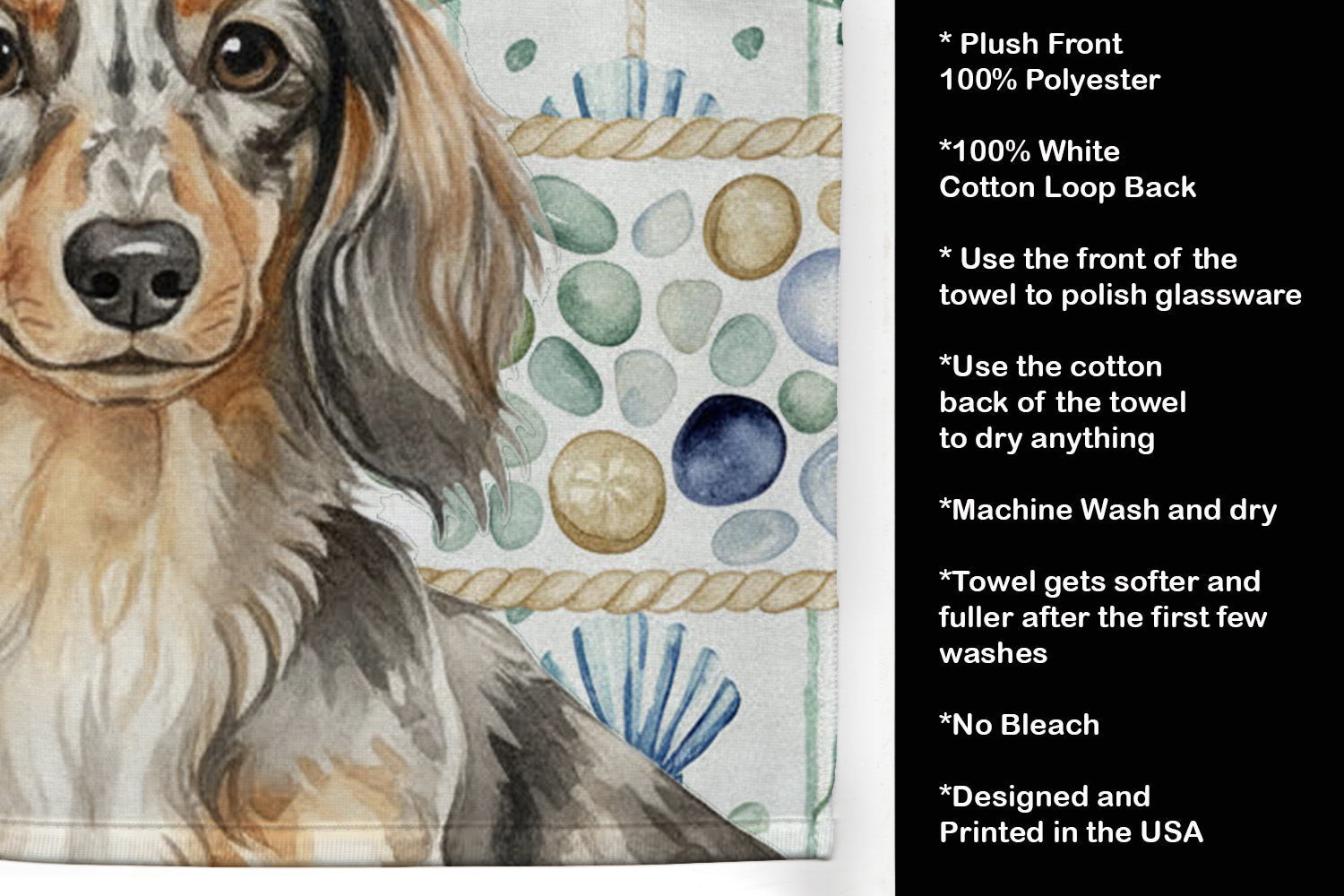 Longhaired Dapple Dachshund Coastal Sea Glass Kitchen Towel Velour Plush Front and Cotton Loop Back Machine Washable