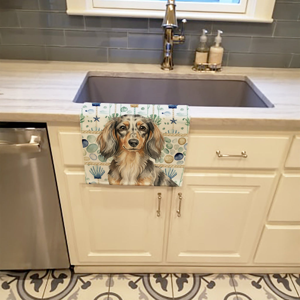 Longhaired Dapple Dachshund Coastal Sea Glass Kitchen Towel Velour Plush Front and Cotton Loop Back Machine Washable