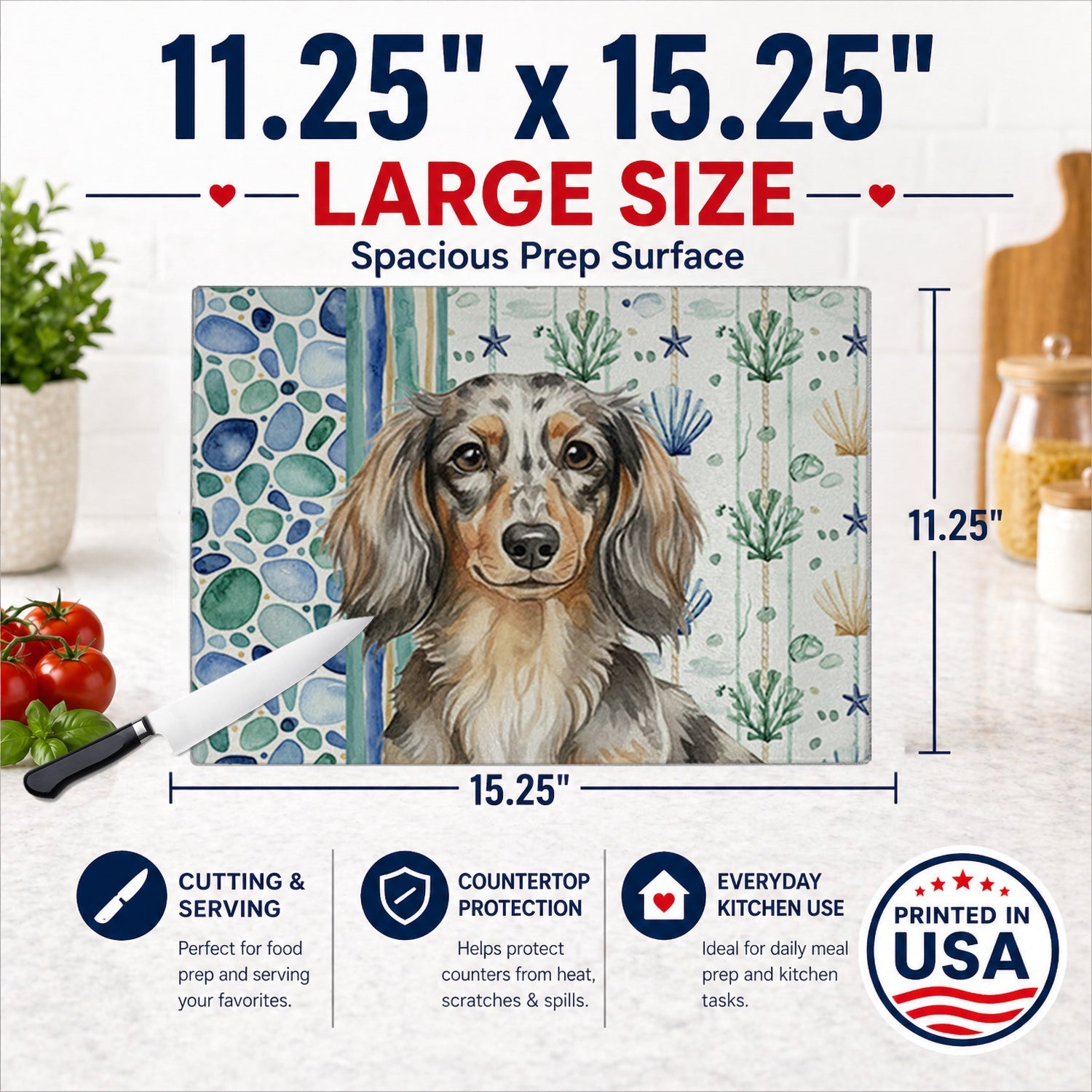 Longhaired Dapple Dachshund Coastal Sea Glass Cutting Board Tempered Glass Kitchen Cutting Surface, Heat Resistant Chopping, Non-Slip Feet, Food Prep & Serving