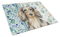 Longhaired Dapple Dachshund Coastal Sea Glass Cutting Board Tempered Glass Kitchen Cutting Surface, Heat Resistant Chopping, Non-Slip Feet, Food Prep & Serving
