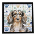 Longhaired Dapple Dachshund Coastal Sea Glass Framed Metal Print Bathroom, Kitchen, Office, Home Decor Wall Art Ready to Hang, Square, 8X8