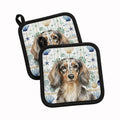 Longhaired Dapple Dachshund Coastal Sea Glass Pot Holder Set of 2 Heat Resistant Quilted Hot Pads 7.5 x 7.5 Inch, Insulated Kitchen Trivets for Cooking & Baking
