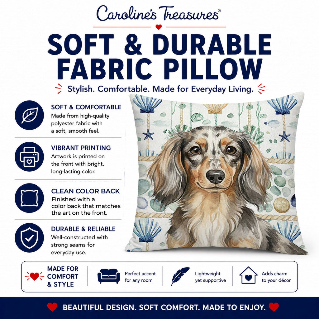 Longhaired Dapple Dachshund Coastal Sea Glass Decorative Throw Pillow 14x14 Indoor Outdoor Accent Cushion, Fabric Cover with Insert for Sofa, Bed, Porch & Living Room