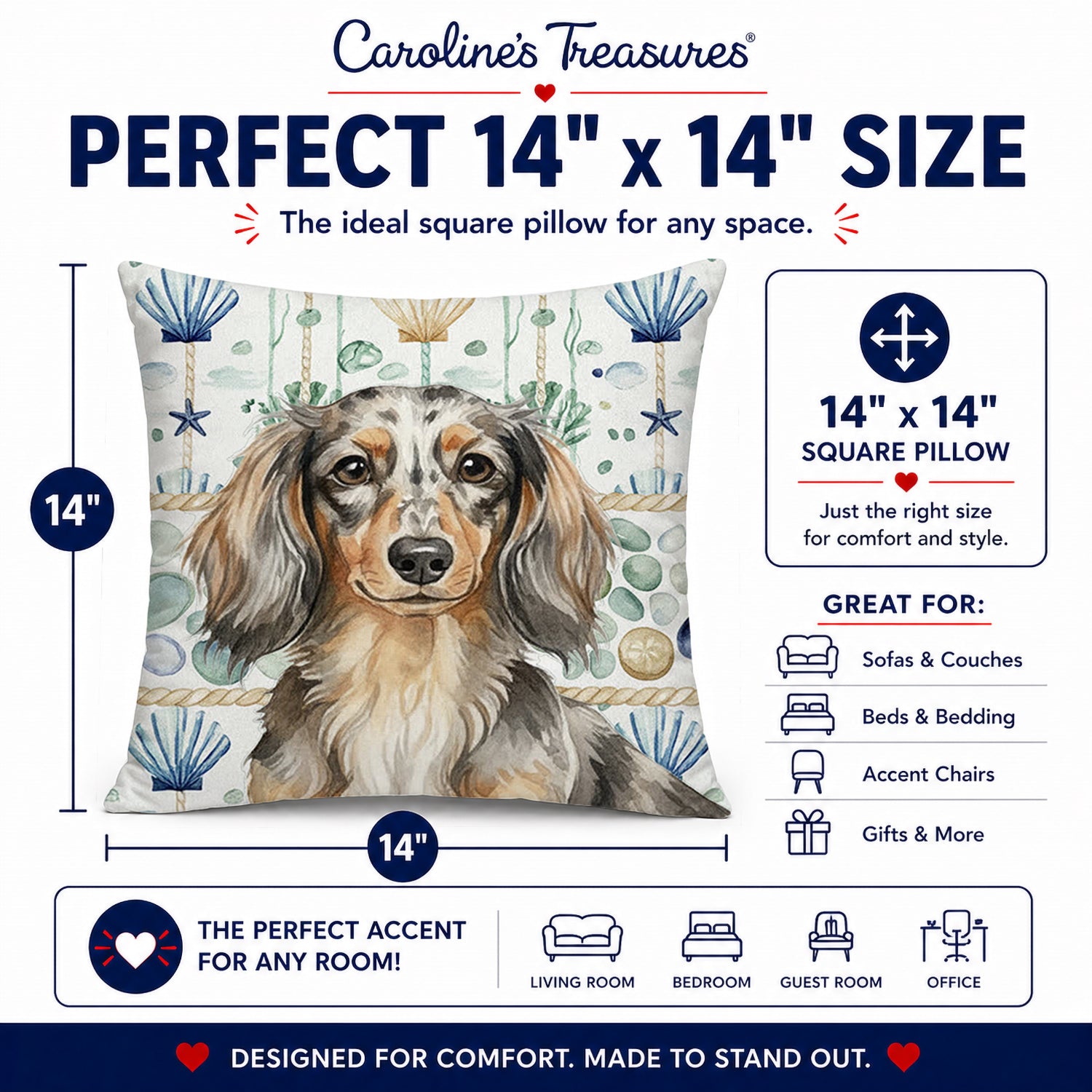 Longhaired Dapple Dachshund Coastal Sea Glass Decorative Throw Pillow 14x14 Indoor Outdoor Accent Cushion, Fabric Cover with Insert for Sofa, Bed, Porch & Living Room