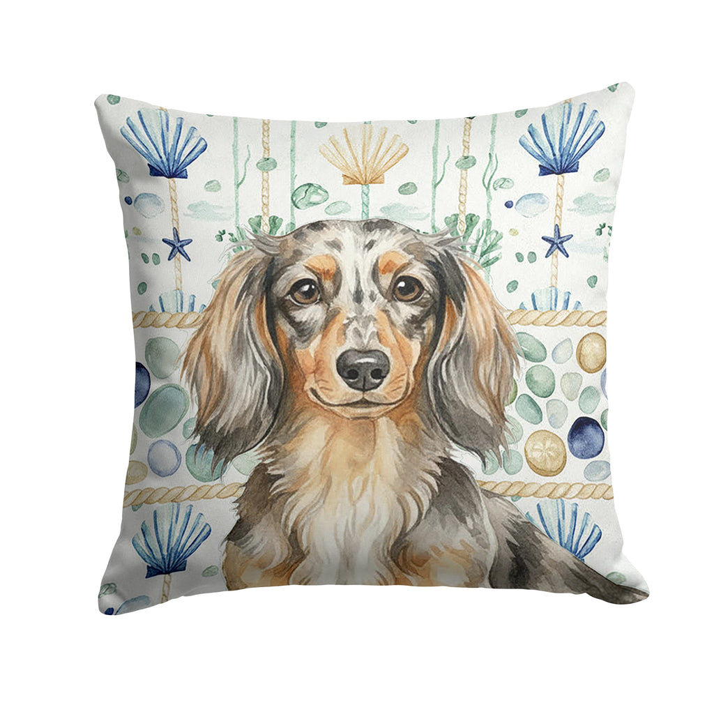 Longhaired Dapple Dachshund Coastal Sea Glass Decorative Throw Pillow 14x14 Indoor Outdoor Accent Cushion, Fabric Cover with Insert for Sofa, Bed, Porch & Living Room