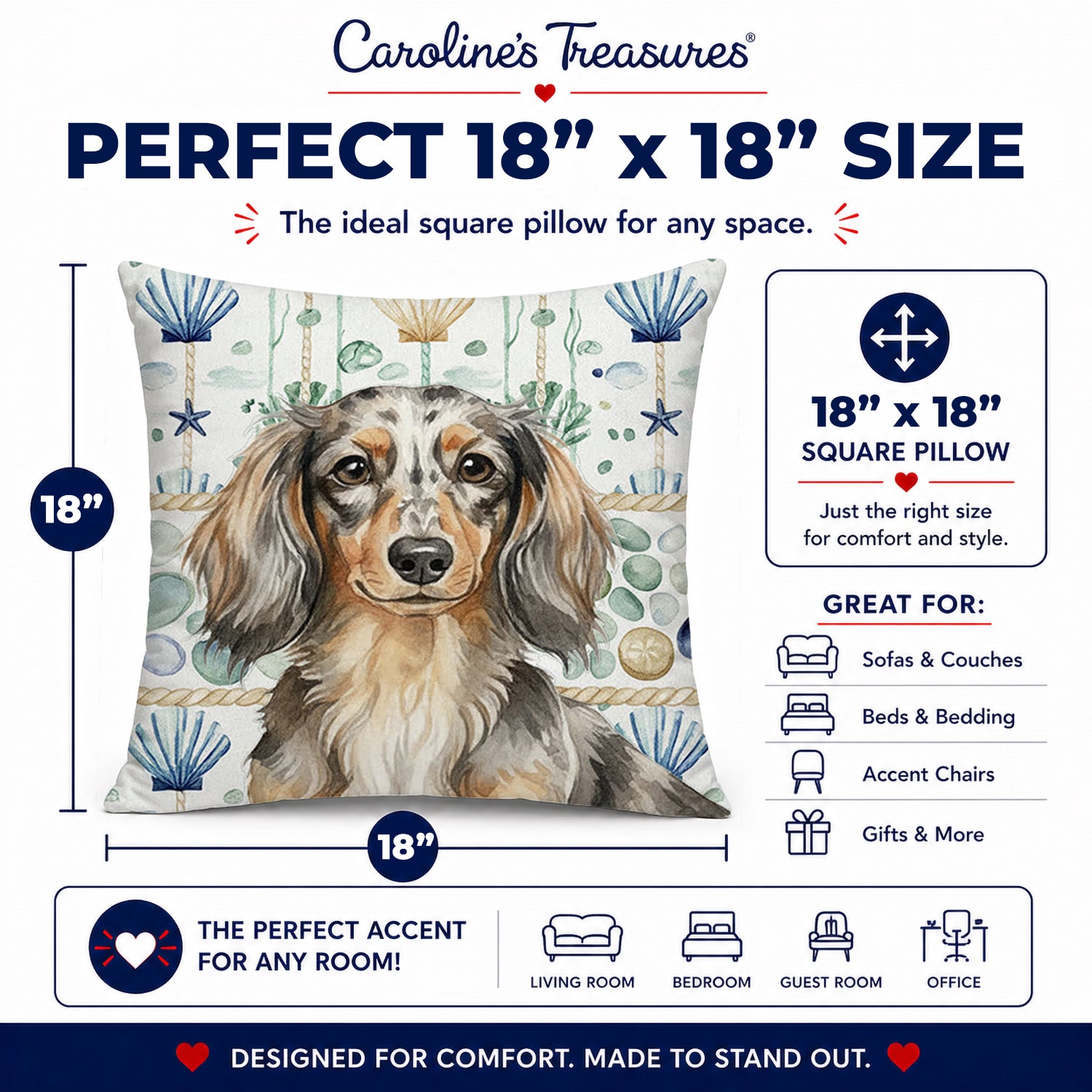 Longhaired Dapple Dachshund Coastal Sea Glass Decorative Throw Pillow 18x18 Indoor Outdoor Accent Cushion, Fabric Cover with Insert for Sofa, Bed, Porch & Living Room