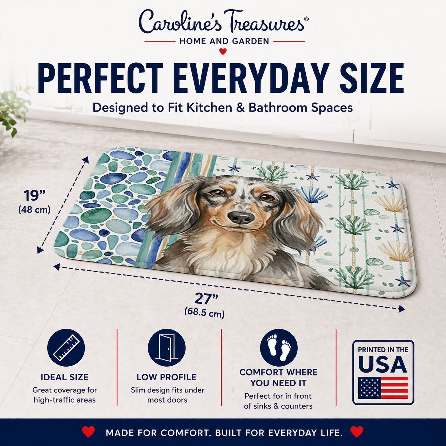 Longhaired Dapple Dachshund Coastal Sea Glass Memory Foam Kitchen Mat Machine Washable Anti-Fatigue Cushion Comfort Bath or Kitchen Rug