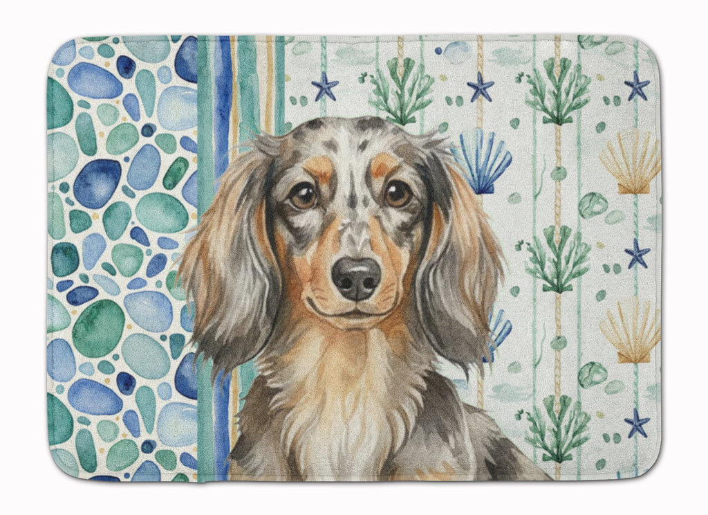 Longhaired Dapple Dachshund Coastal Sea Glass Memory Foam Kitchen Mat Machine Washable Anti-Fatigue Cushion Comfort Bath or Kitchen Rug