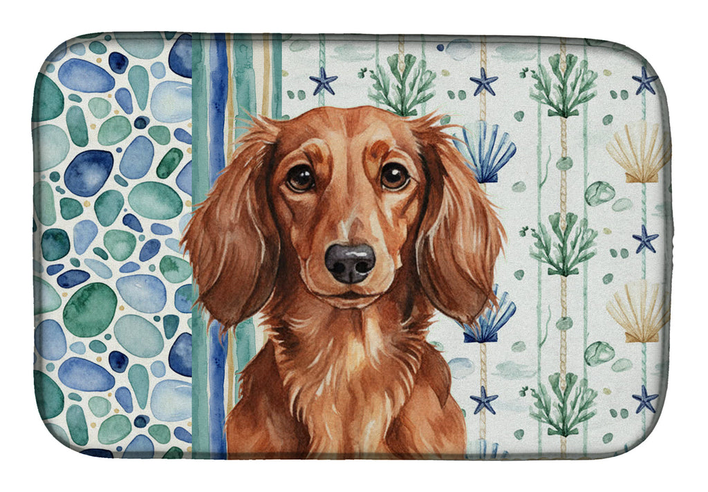 Longhaired Red Dachshund Coastal Sea Glass Dish Drying Mat Absorbent Dish Drying Mat Pad for Kitchen Counter Dish Drainer Mat for Countertop, 14 x 21", Multicolor