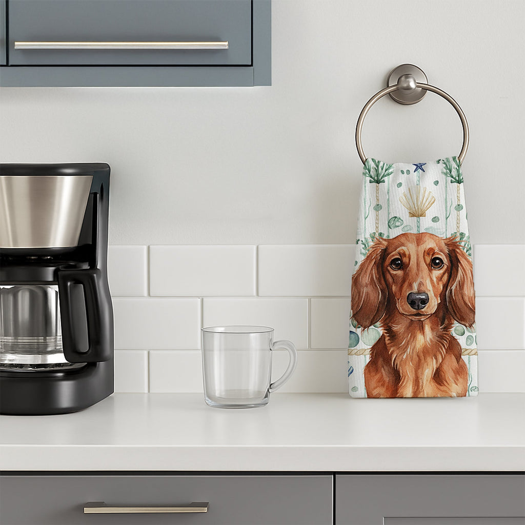 Longhaired Red Dachshund Coastal Sea Glass Kitchen Towel Velour Plush Front and Cotton Loop Back Machine Washable