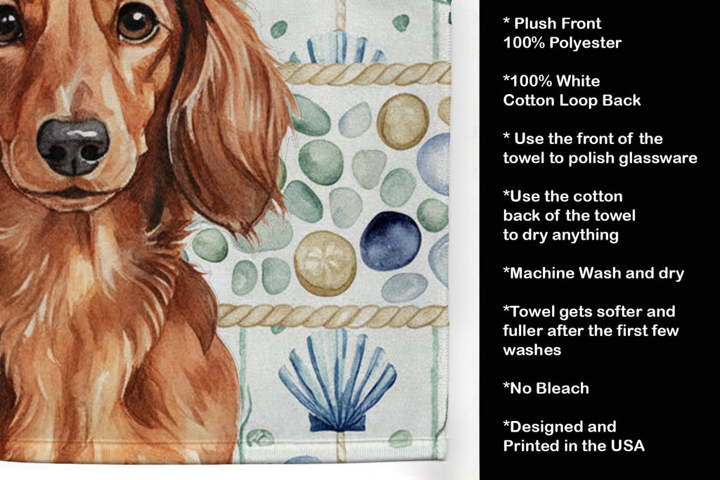 Longhaired Red Dachshund Coastal Sea Glass Kitchen Towel Velour Plush Front and Cotton Loop Back Machine Washable