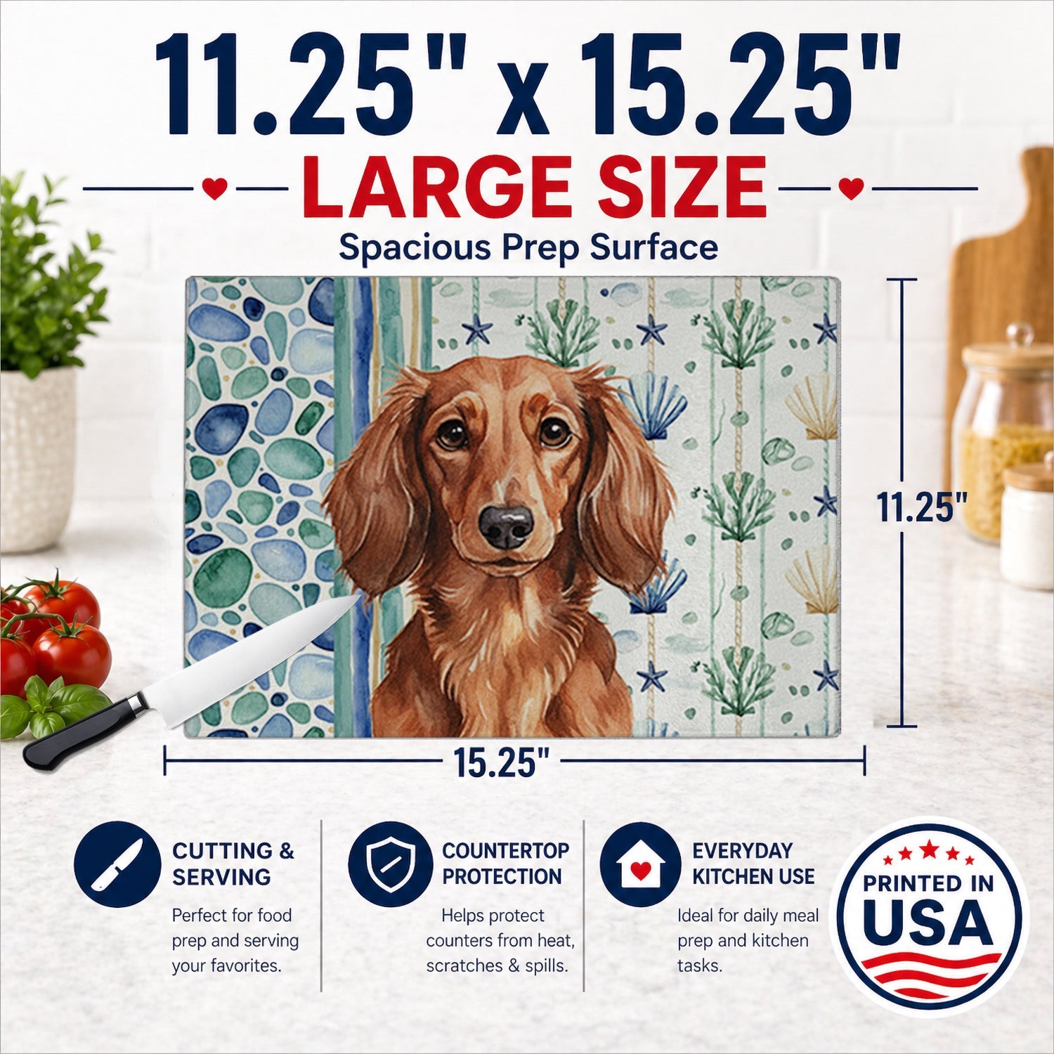 Longhaired Red Dachshund Coastal Sea Glass Cutting Board Tempered Glass Kitchen Cutting Surface, Heat Resistant Chopping, Non-Slip Feet, Food Prep & Serving