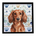 Longhaired Red Dachshund Coastal Sea Glass Framed Metal Print Bathroom, Kitchen, Office, Home Decor Wall Art Ready to Hang, Square, 8X8