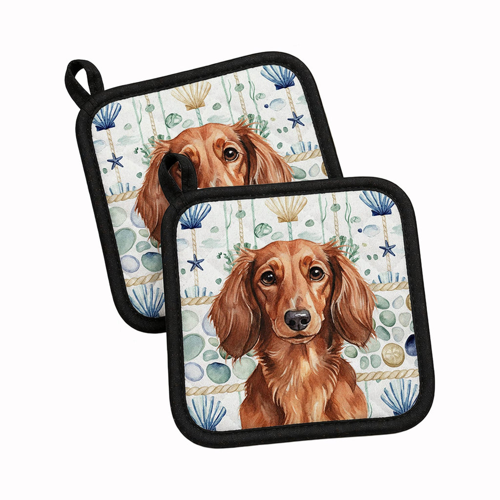 Longhaired Red Dachshund Coastal Sea Glass Pot Holder Set of 2 Heat Resistant Quilted Hot Pads 7.5 x 7.5 Inch, Insulated Kitchen Trivets for Cooking & Baking