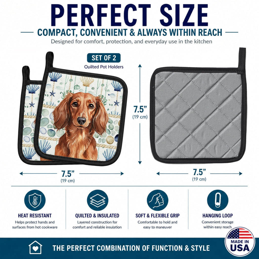 Longhaired Red Dachshund Coastal Sea Glass Pot Holder Set of 2 Heat Resistant Quilted Hot Pads 7.5 x 7.5 Inch, Insulated Kitchen Trivets for Cooking & Baking