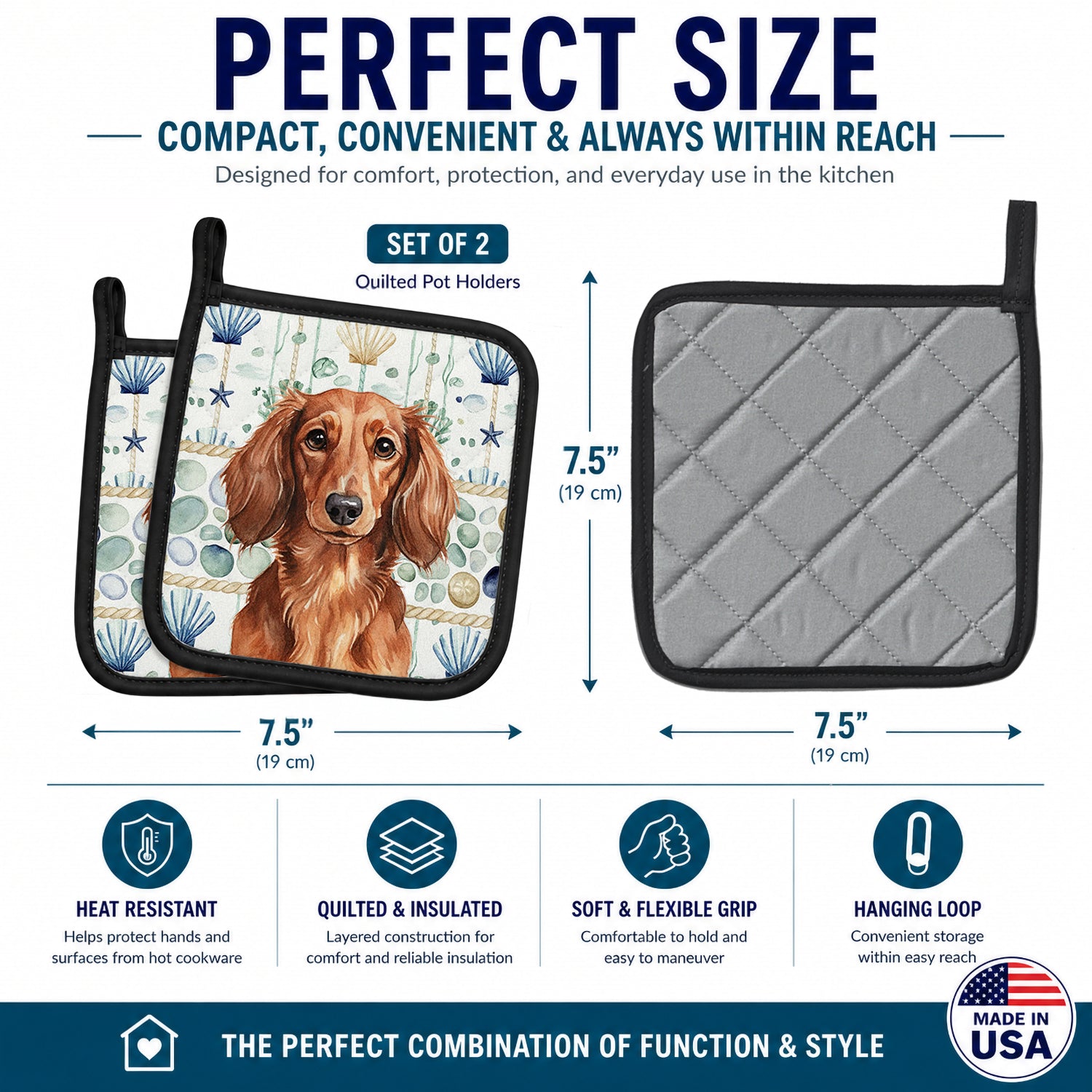 Longhaired Red Dachshund Coastal Sea Glass Pot Holder Set of 2 Heat Resistant Quilted Hot Pads 7.5 x 7.5 Inch, Insulated Kitchen Trivets for Cooking & Baking