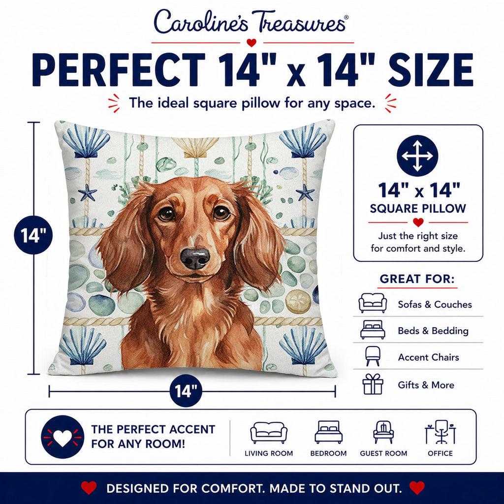 Longhaired Red Dachshund Coastal Sea Glass Decorative Throw Pillow 14x14 Indoor Outdoor Accent Cushion, Fabric Cover with Insert for Sofa, Bed, Porch & Living Room