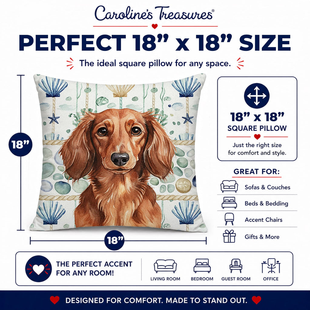 Longhaired Red Dachshund Coastal Sea Glass Decorative Throw Pillow 18x18 Indoor Outdoor Accent Cushion, Fabric Cover with Insert for Sofa, Bed, Porch & Living Room