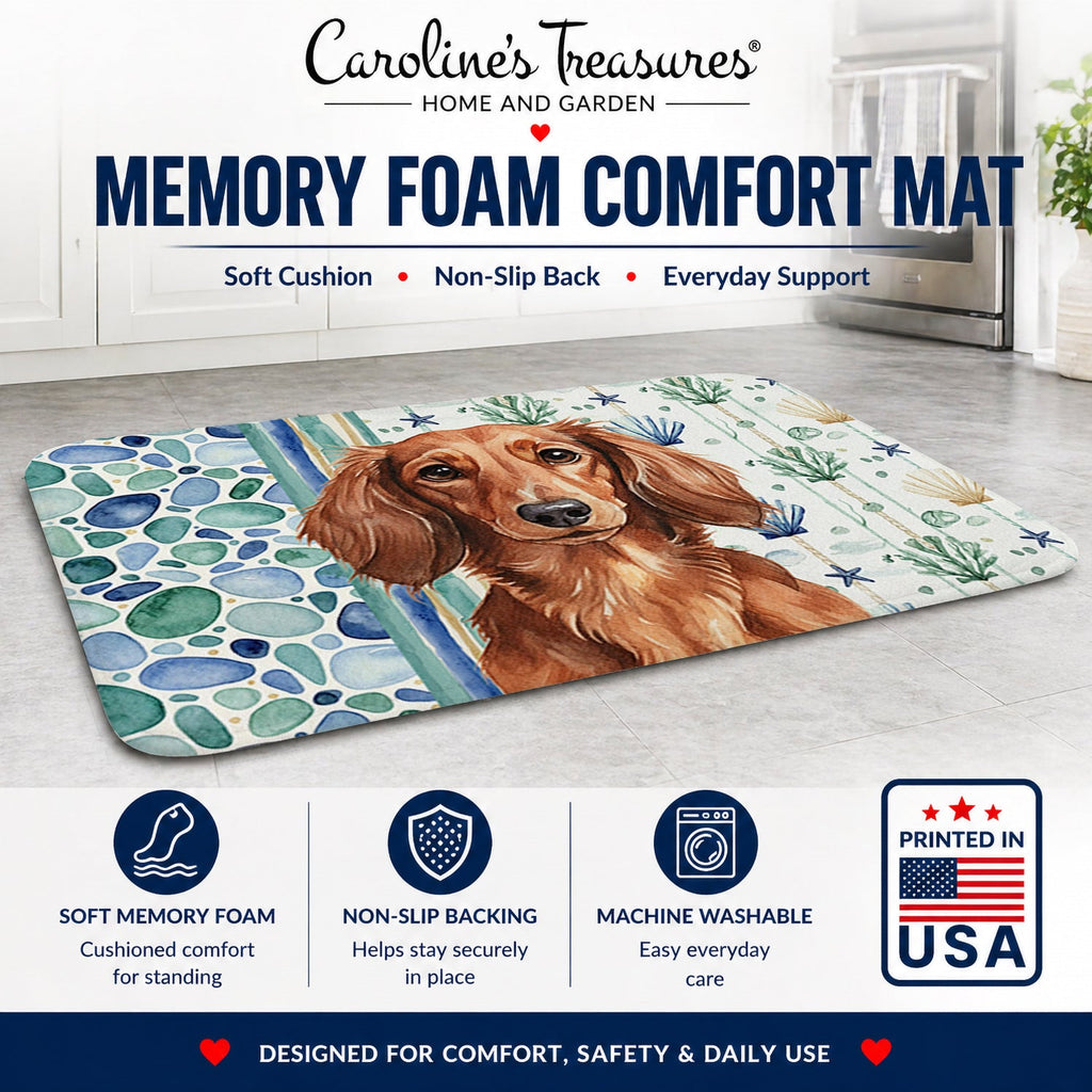 Longhaired Red Dachshund Coastal Sea Glass Memory Foam Kitchen Mat Machine Washable Anti-Fatigue Cushion Comfort Bath or Kitchen Rug