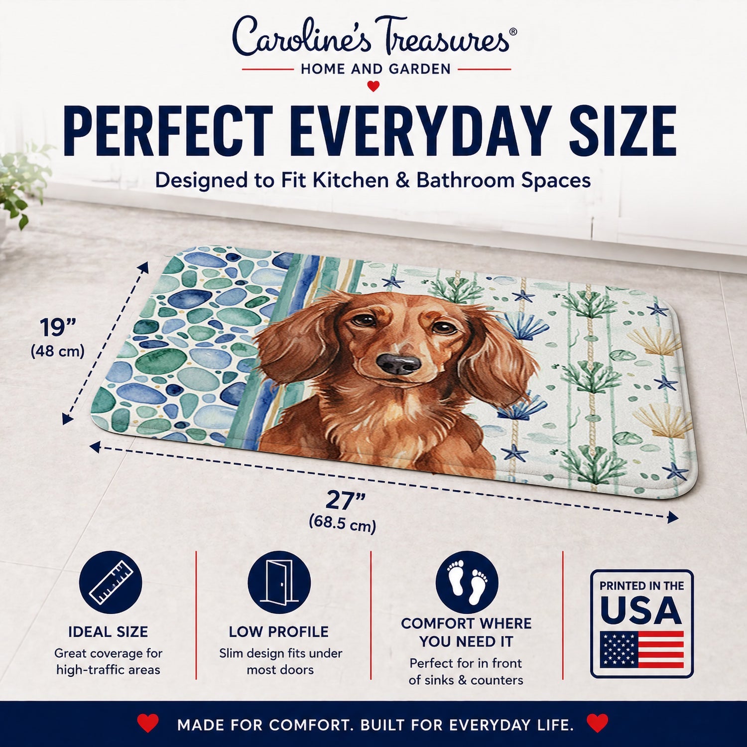 Longhaired Red Dachshund Coastal Sea Glass Memory Foam Kitchen Mat Machine Washable Anti-Fatigue Cushion Comfort Bath or Kitchen Rug