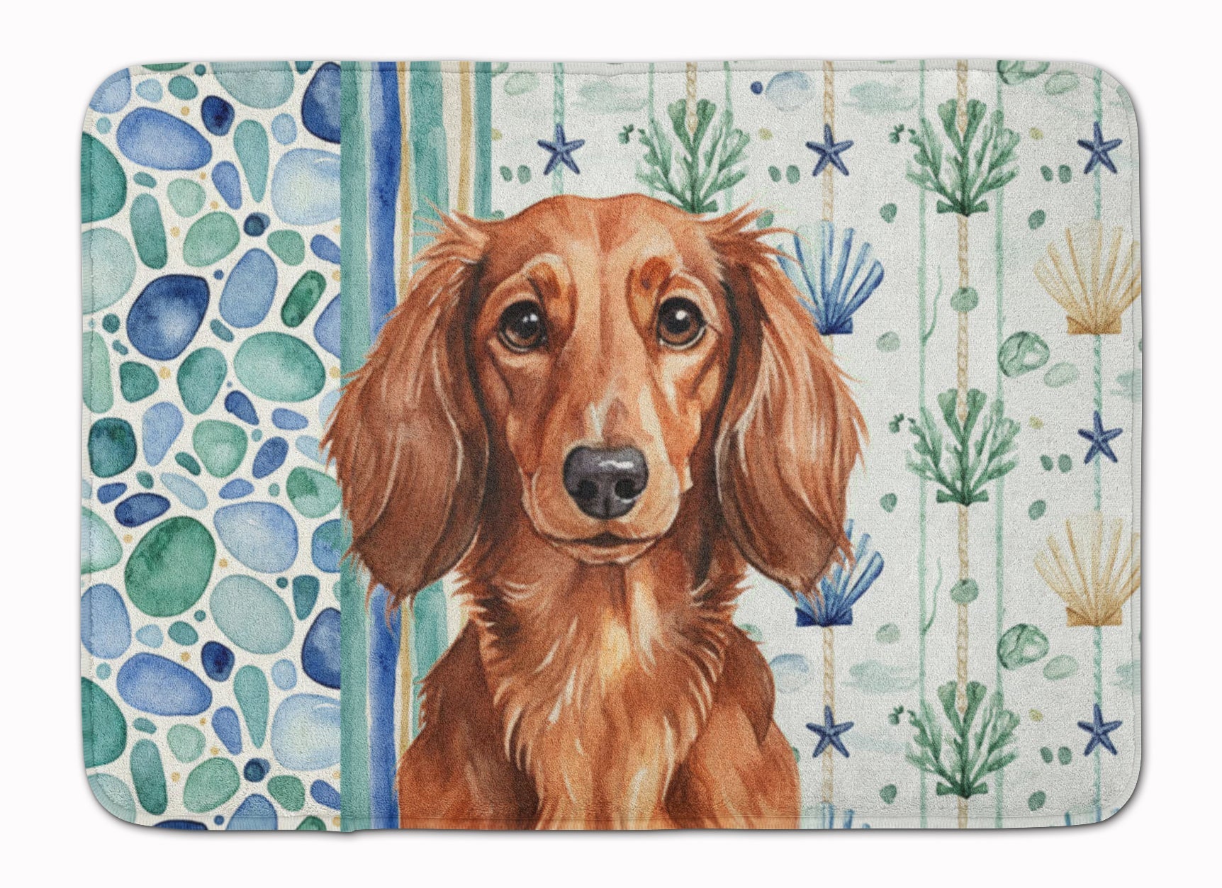 Longhaired Red Dachshund Coastal Sea Glass Memory Foam Kitchen Mat Machine Washable Anti-Fatigue Cushion Comfort Bath or Kitchen Rug