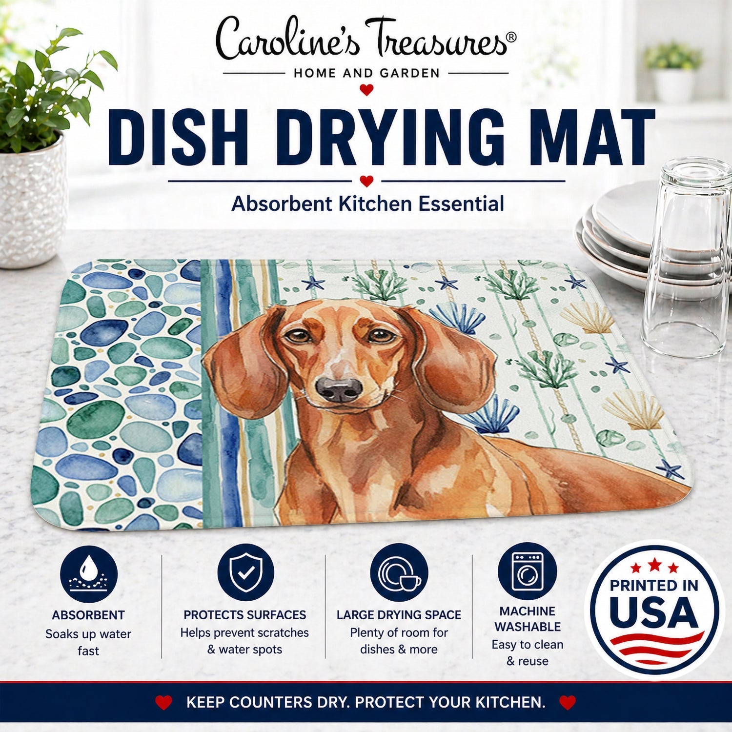Red Brown Dachshund Coastal Sea Glass Dish Drying Mat Absorbent Dish Drying Mat Pad for Kitchen Counter Dish Drainer Mat for Countertop, 14 x 21", Multicolor