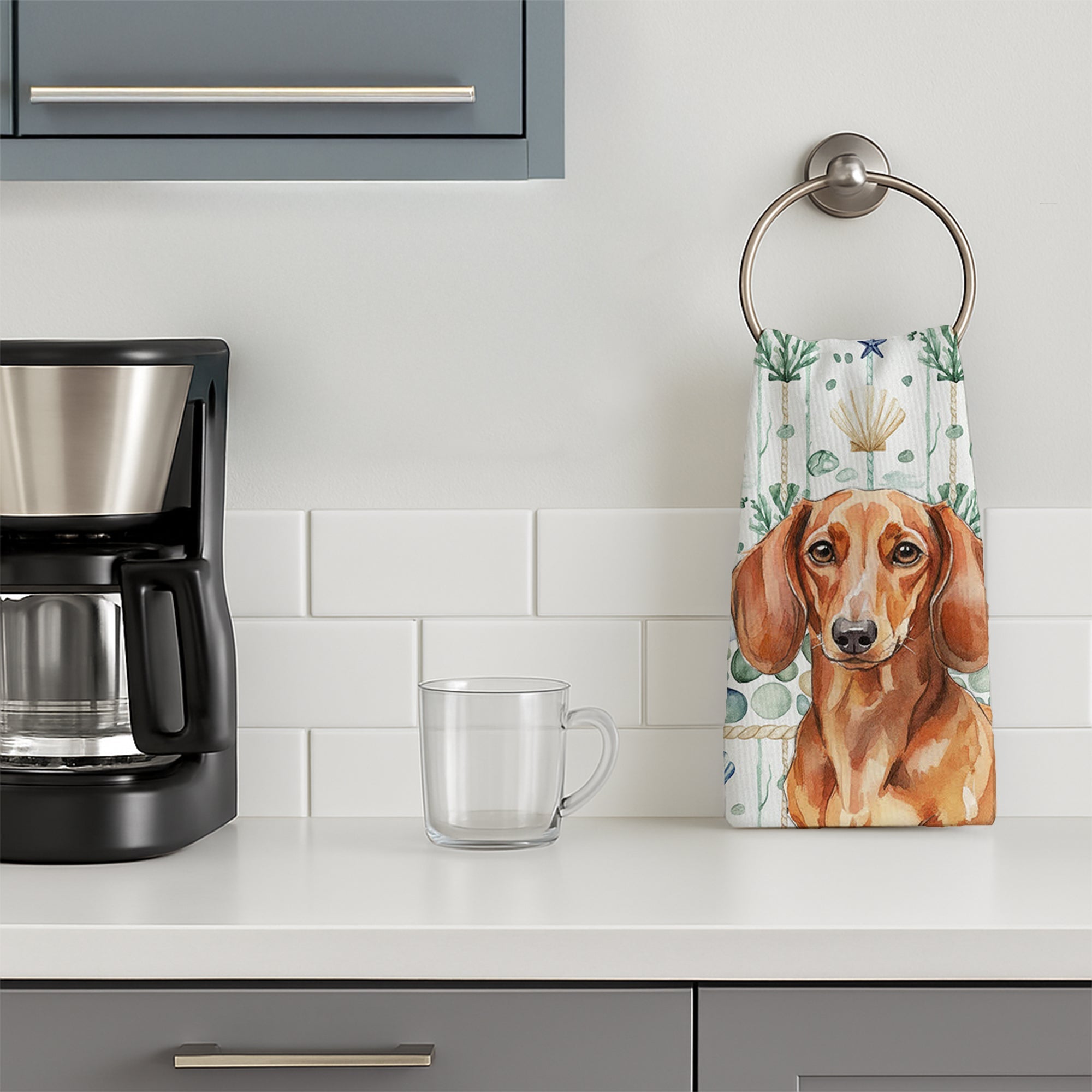 Red Brown Dachshund Coastal Sea Glass Kitchen Towel Velour Plush Front and Cotton Loop Back Machine Washable