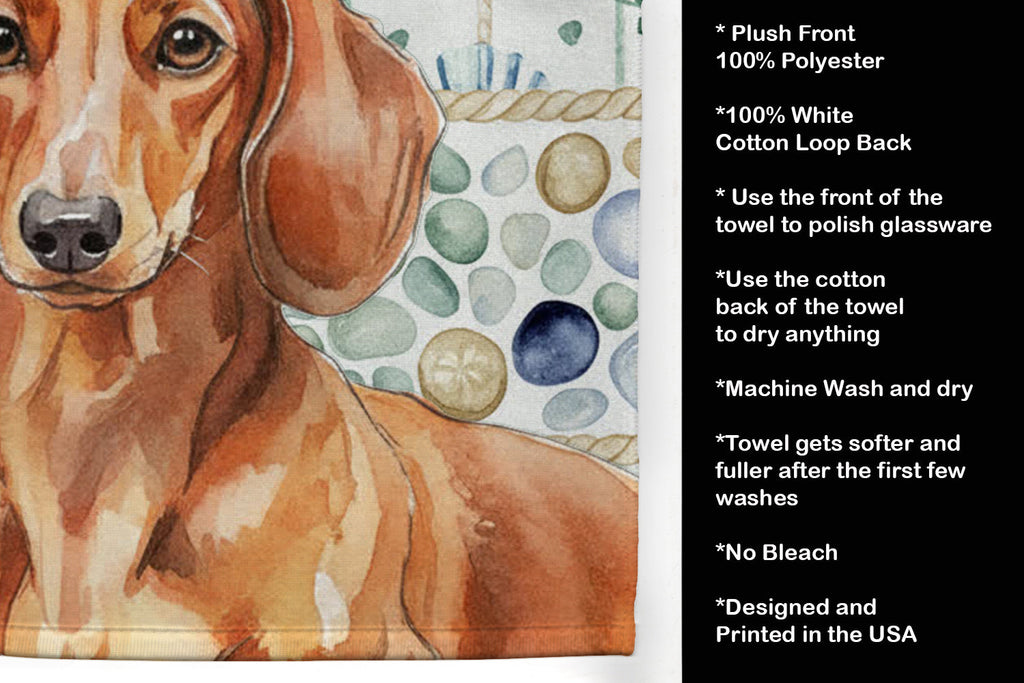 Red Brown Dachshund Coastal Sea Glass Kitchen Towel Velour Plush Front and Cotton Loop Back Machine Washable