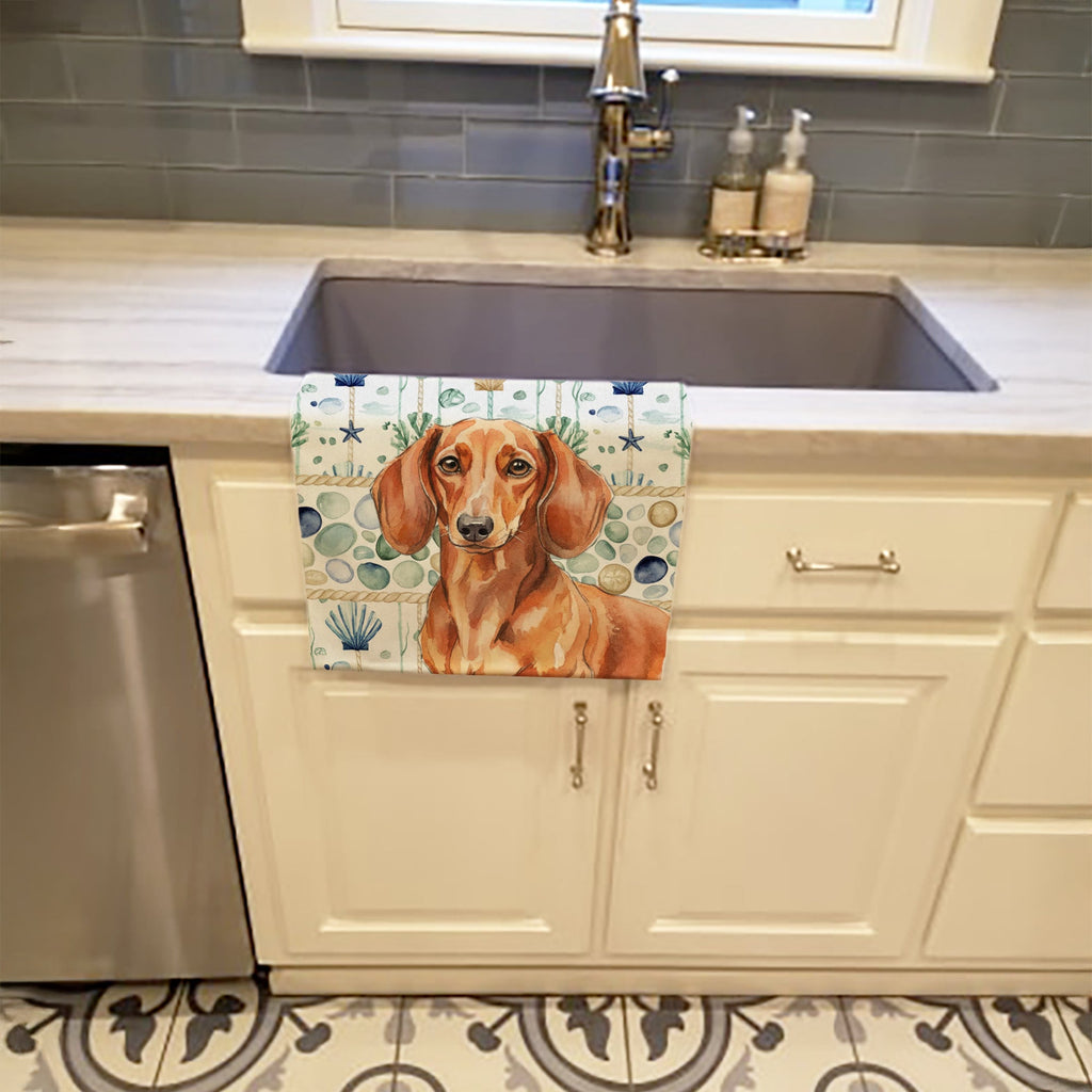 Red Brown Dachshund Coastal Sea Glass Kitchen Towel Velour Plush Front and Cotton Loop Back Machine Washable