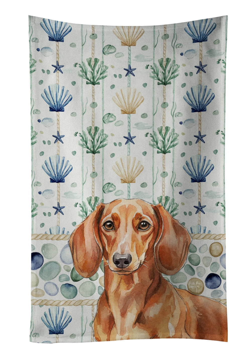 Red Brown Dachshund Coastal Sea Glass Kitchen Towel Velour Plush Front and Cotton Loop Back Machine Washable