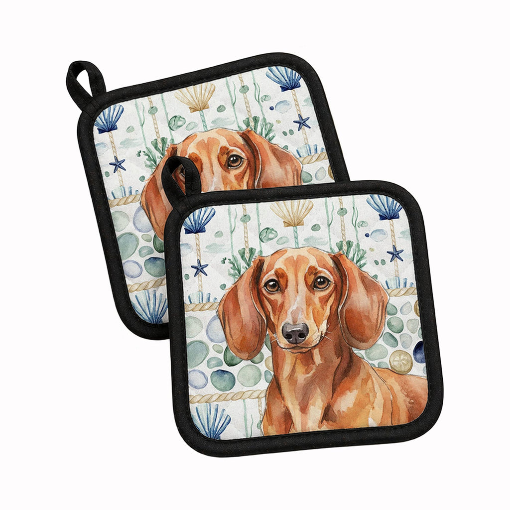Red Brown Dachshund Coastal Sea Glass Pot Holder Set of 2 Heat Resistant Quilted Hot Pads 7.5 x 7.5 Inch, Insulated Kitchen Trivets for Cooking & Baking