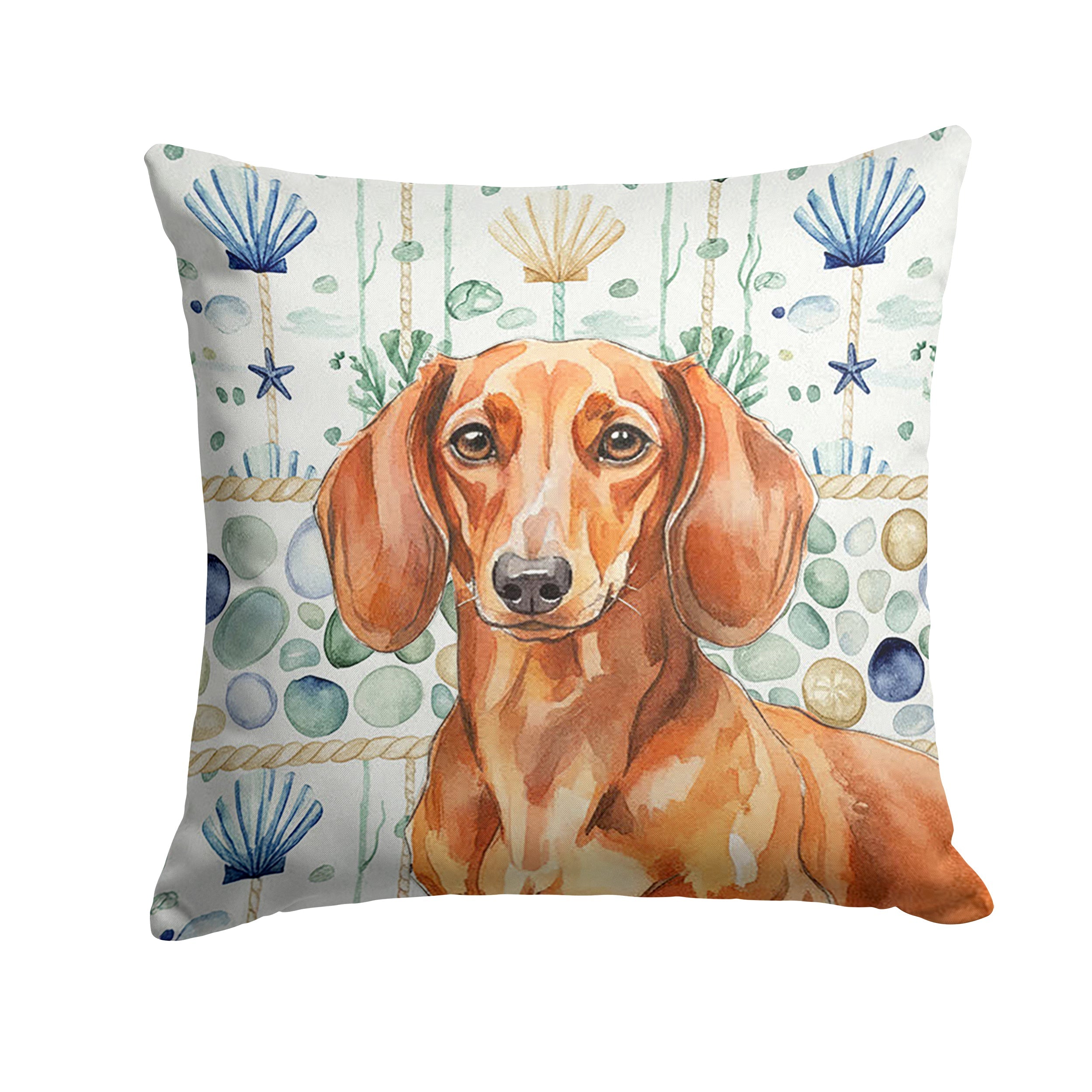 Red Brown Dachshund Coastal Sea Glass Decorative Throw Pillow 14x14 Indoor Outdoor Accent Cushion, Fabric Cover with Insert for Sofa, Bed, Porch & Living Room