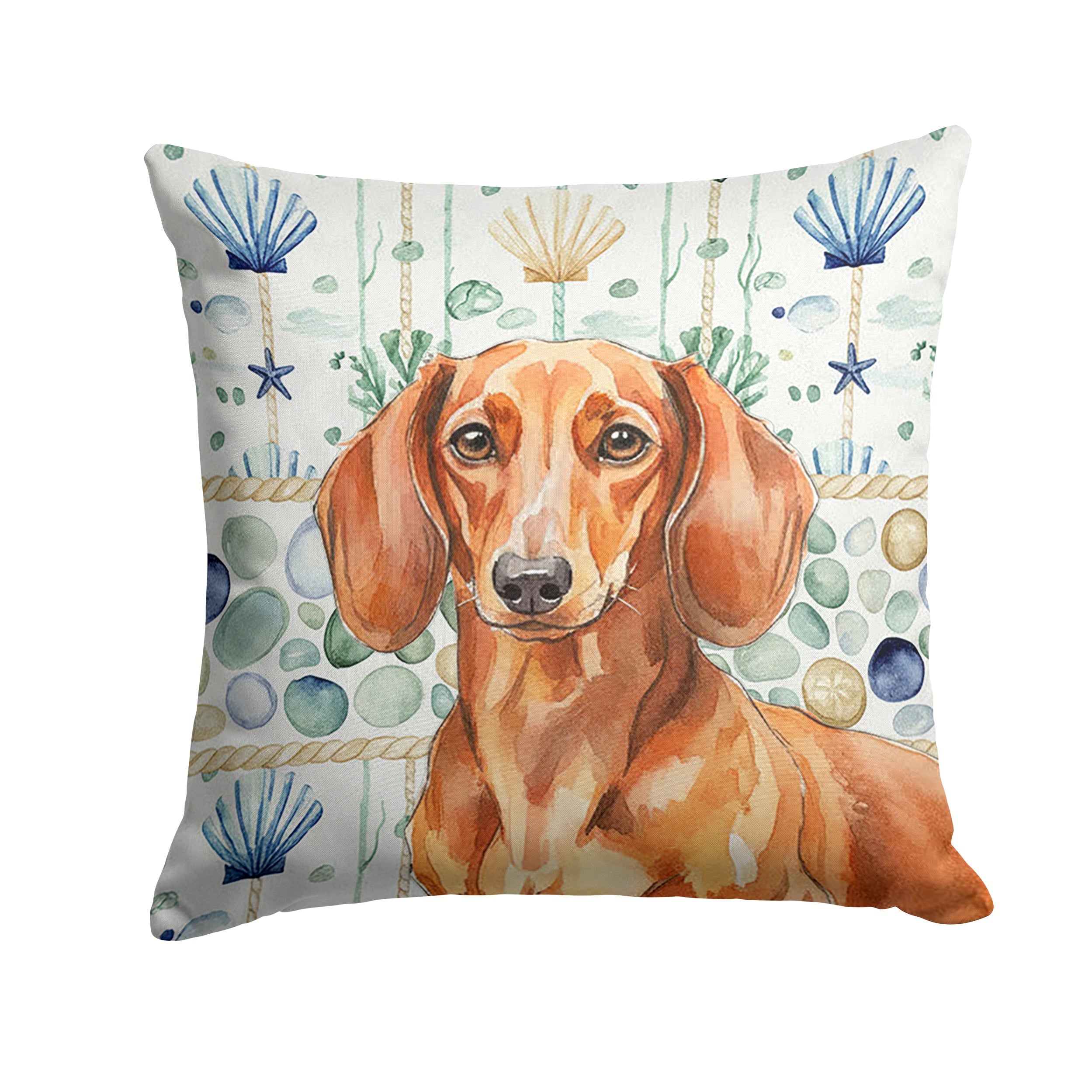 Red Brown Dachshund Coastal Sea Glass Decorative Throw Pillow 18x18 Indoor Outdoor Accent Cushion, Fabric Cover with Insert for Sofa, Bed, Porch & Living Room