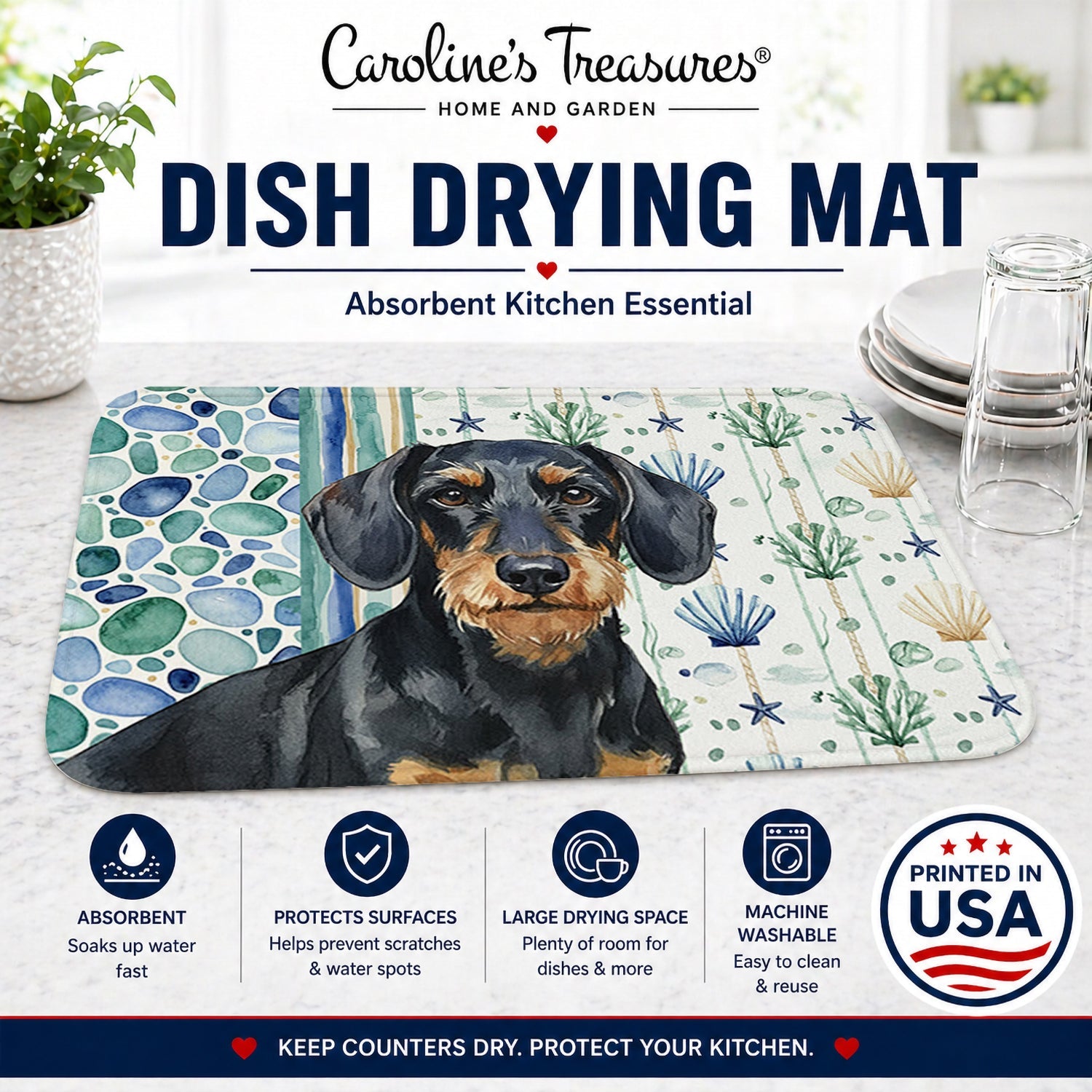 Wirehaired Black and Tan Dachshund Coastal Sea Glass Dish Drying Mat Absorbent Dish Drying Mat Pad for Kitchen Counter Dish Drainer Mat for Countertop, 14 x 21", Multicolor