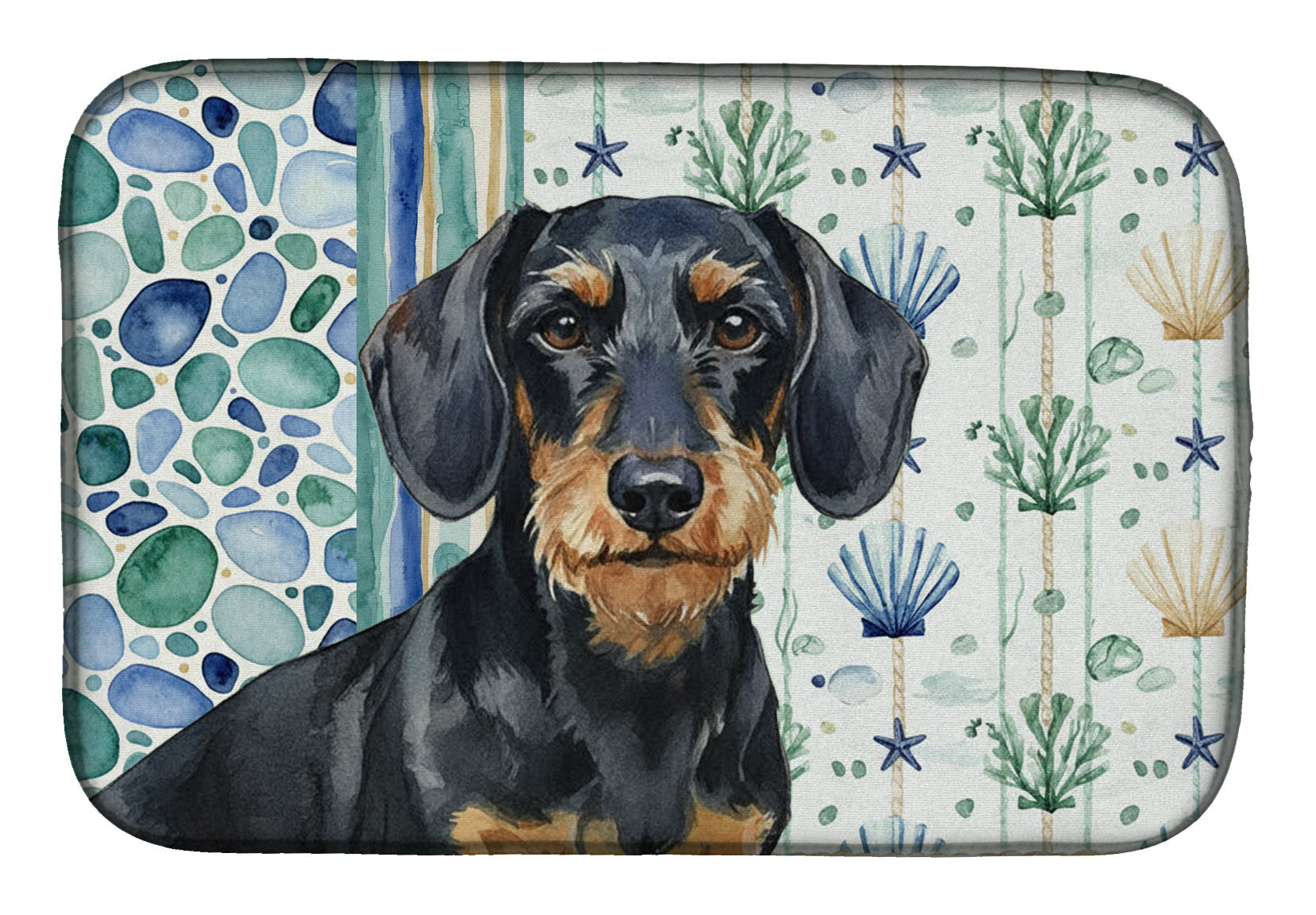 Wirehaired Black and Tan Dachshund Coastal Sea Glass Dish Drying Mat Absorbent Dish Drying Mat Pad for Kitchen Counter Dish Drainer Mat for Countertop, 14 x 21", Multicolor